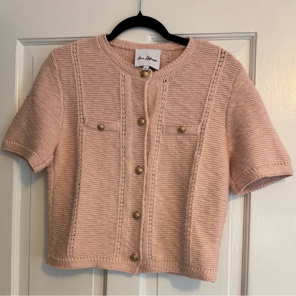 Sam Edelman Colleen Short Sleeve Cardigan Sweater, strawberry cream, gold button - Picture 1 of 9